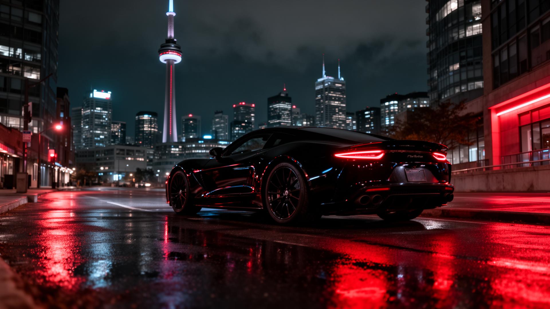 Cinematic sports car on Toronto street at night